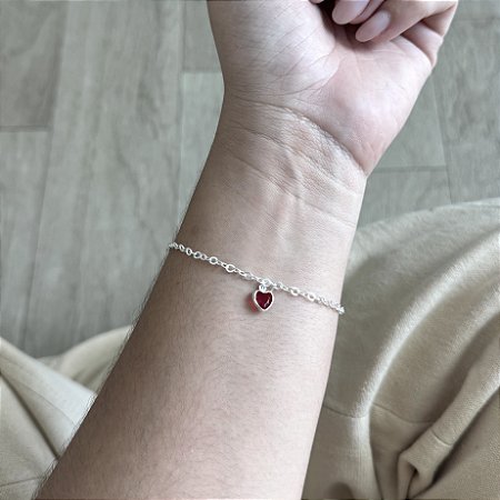 Pulseira Elos com Coração Vermelho - Prata 925