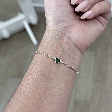 Pulseira Mini Corações com Pingente de Coração Verde - Prata 925