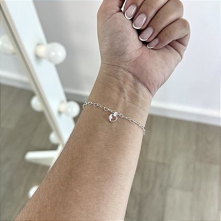 Pulseira Mini Corações com Pingente de Coração Rosa - Prata 925