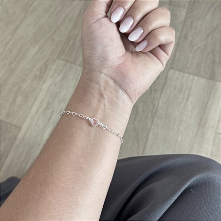 Pulseira Mini Corações com Pingente de Coração Rosa - Prata 925