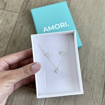 Conjunto Ponto de Luz Redondo Cristal - Prata 925