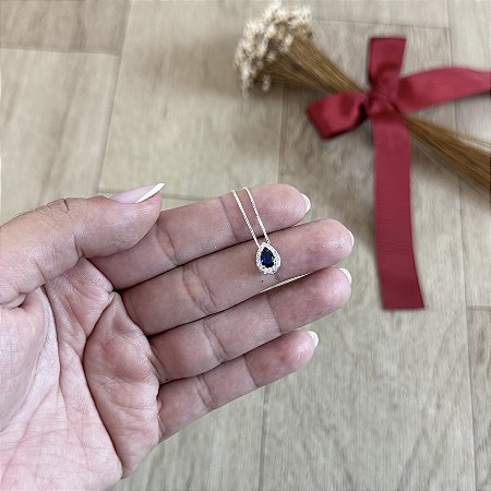 Colar Gota Central Cravejado Azul - Prata 925