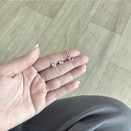 Conjunto Ponto de Luz Coração Rosa - Prata 925