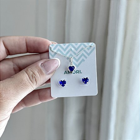 Conjunto Ponto de Luz Coração Azul - Prata 925