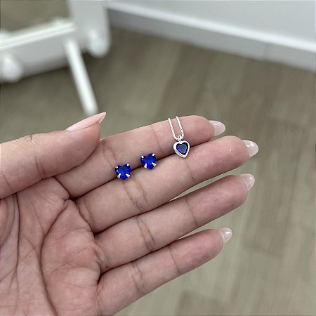 Conjunto Ponto de Luz Coração Azul - Prata 925