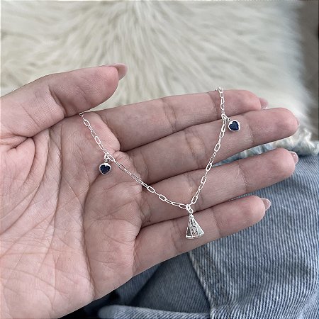 Pulseira N. Sra. Aparecida com Corações Azuis - Prata 925