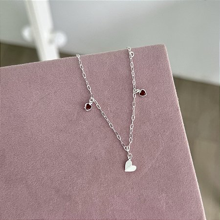 Pulseira com Coração Dobradura e Corações Vermelhos - Prata 925