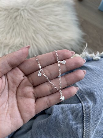 Pulseira com Corações Ponto de Luz e Cheio - Prata 925