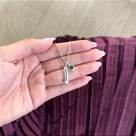 Colar Plaquinha com Ponto de Luz Verde - Prata 925