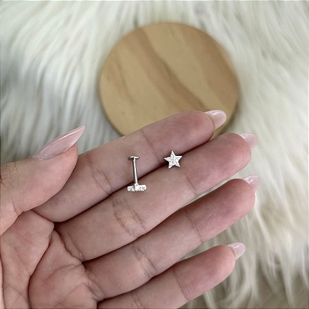 Brinco Piercing Estrela Cravejado Base Reta - Prata 925 e Aço