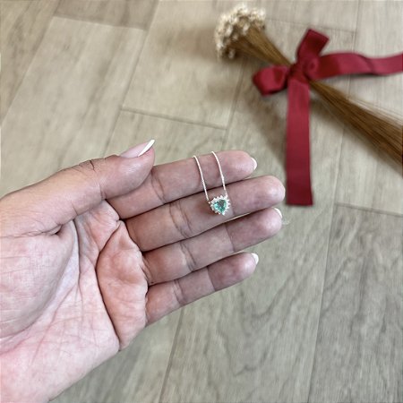 Colar Coração Cravejado Verde - Prata 925