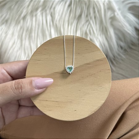 Colar Coração Cravejado Verde - Prata 925