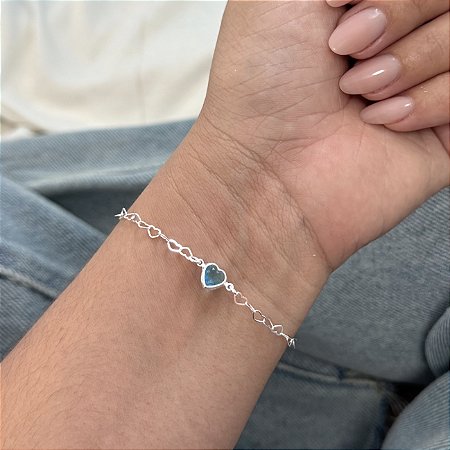 Pulseira Mini Corações com Pingente de Coração Azul - Prata 925