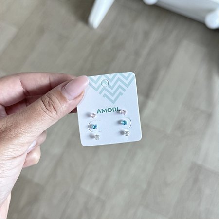 Mini Trio de Brincos Coloridos Quadrados - Prata 925