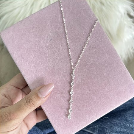 Colar Gravatinha com Corações - Prata 925