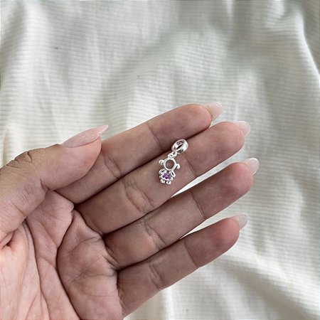 Berloque Menina com Vestido Rosa - Prata 925