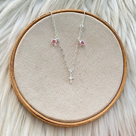 Pulseira Infantil Corações Rosas e Cruz - Prata 925