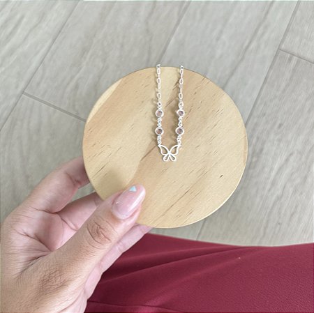 Choker Borboleta com Pontos de Luz Rosa - Prata 925