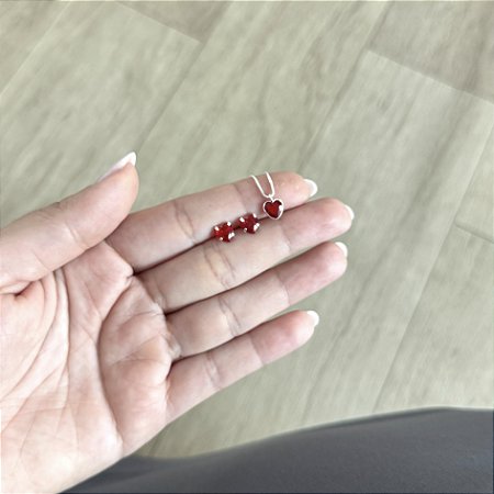 Conjunto Ponto de Luz Coração Vermelho - Prata 925