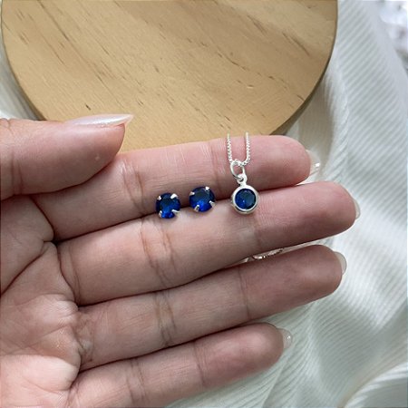 Conjunto Ponto de Luz Redondo Azul - Prata 925