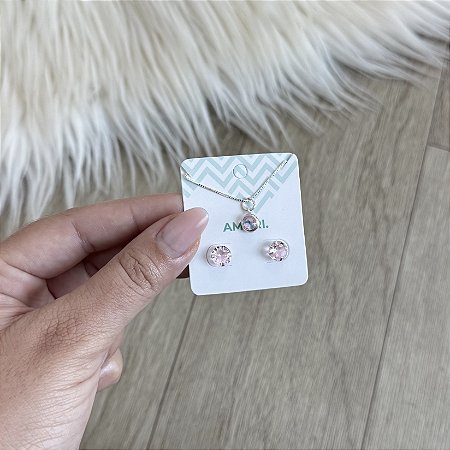 Conjunto Ponto de Luz Redondo Rosa - Prata 925