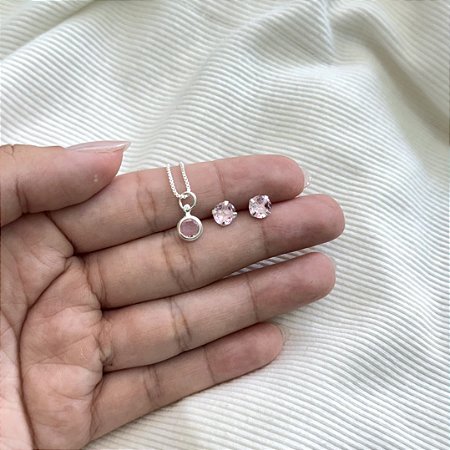 Conjunto Ponto de Luz Redondo Rosa - Prata 925
