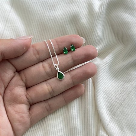 Conjunto Ponto de Luz Gota Verde - Prata 925