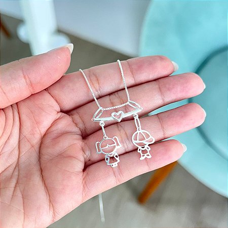 Colar 2 Filhos com Coração - Prata 925