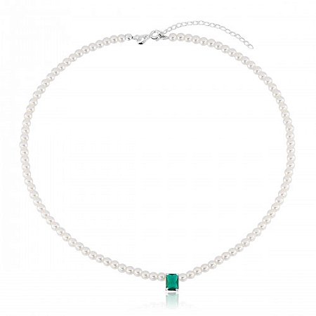 Colar Pérolas e Pedra Retangular Verde - Prata 925
