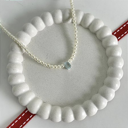 Colar Pérolas e Pedra Retangular Água Marinha - Prata 925