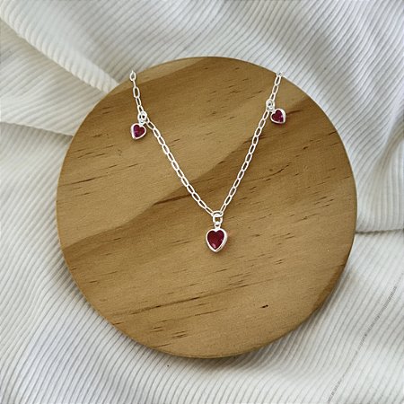 Pulseira com Corações Rosa - Prata 925