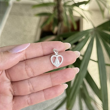 Berloque Coração Cravejado e N. Sra. Aparecida - Prata 925