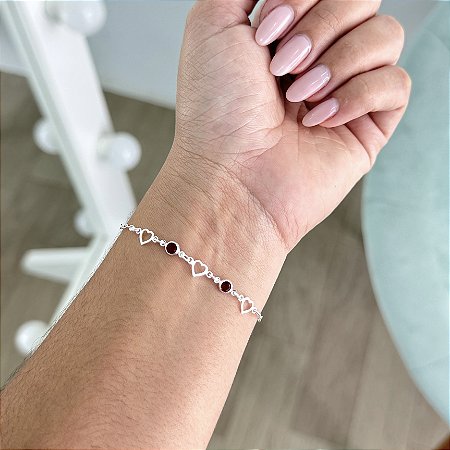 Pulseira Ponto de Luz Vermelha e Corações - Prata 925