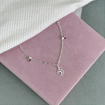 Pulseira Pet com Corações Rosa - Prata 925