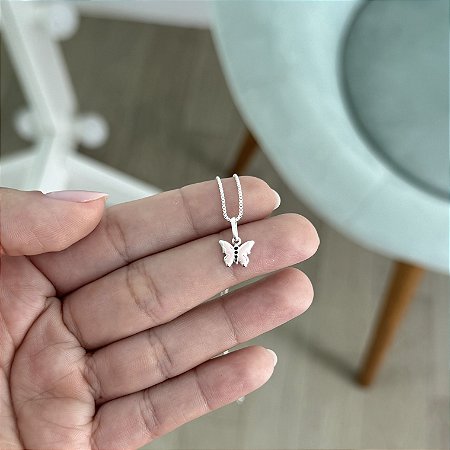 Colar Borboleta Rosa Pequena - Prata 925