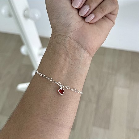 Pulseira Mini Corações com Pingente de Coração Vermelho - Prata 925
