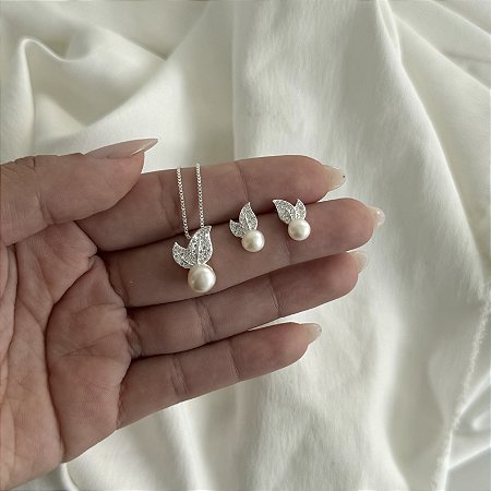 Conjunto Pérola e Folhas Cravejadas - Prata 925