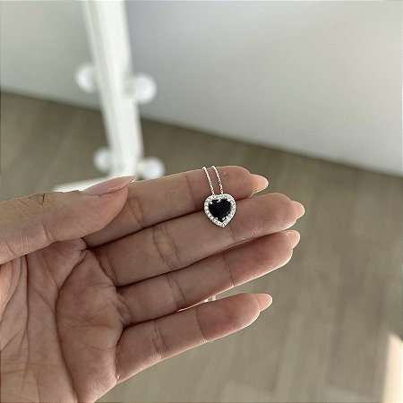 Colar Coração Azul com Borda Cravejada - Prata 925