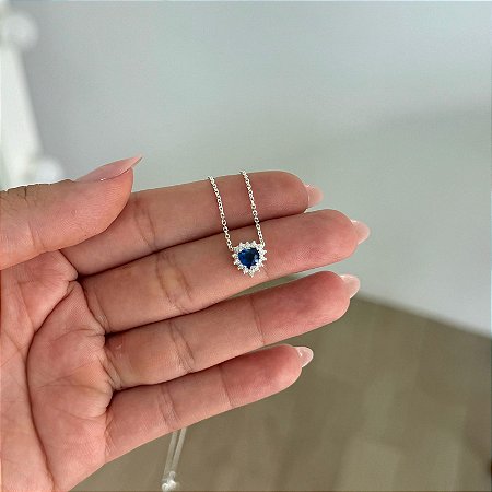 Colar Coração Cravejado Azul - Prata 925