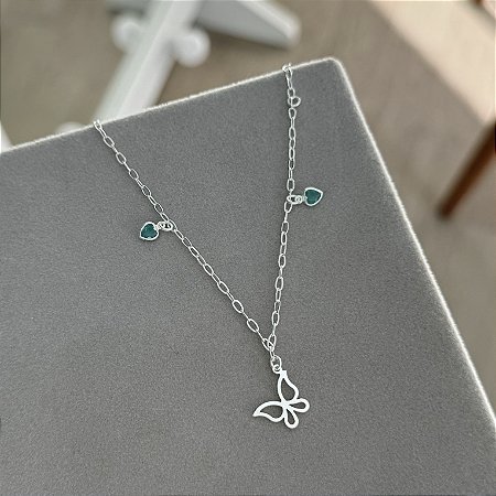 Pulseira Borboleta Vazada com Corações Turmalina - Prata 925