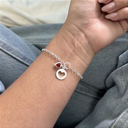Pulseira Placa Coração Central e Pingente Vermelho - Prata 925