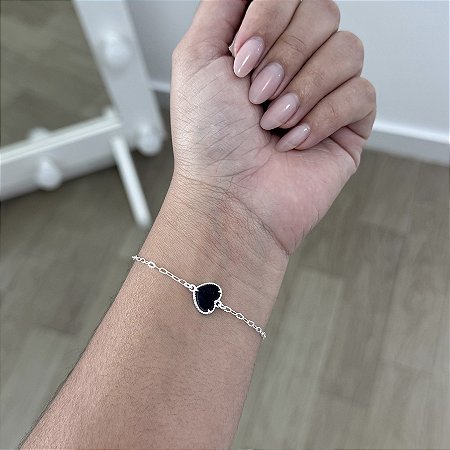 Pulseira Coração Preto em Madrepérola - Prata 925