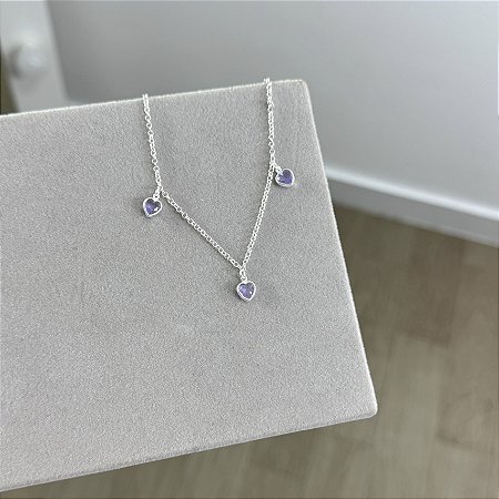 Pulseira 3 Corações Lilás - Prata 925