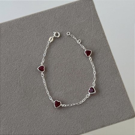 Pulseira 4 Corações Vermelhos - Prata 925