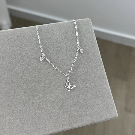 Pulseira Borboleta com Corações Cristais - Prata 925