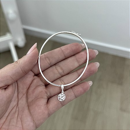 Pulseira Bracelete Fio Quadrado Média com Árvore da Vida - Prata 925