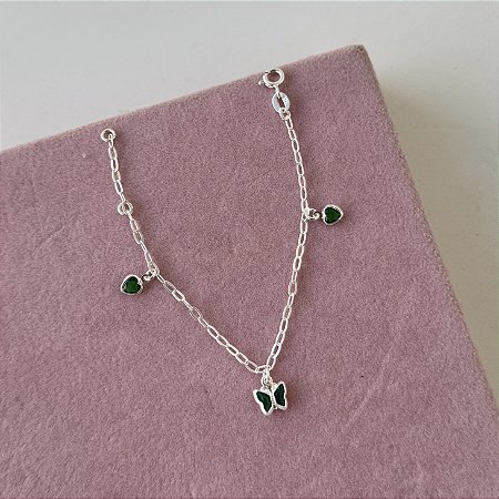 Pulseira Infantil Borboleta e Corações Verdes - Prata 925
