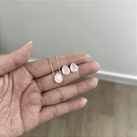 Conjunto Gota Rosa Fosco - Prata 925