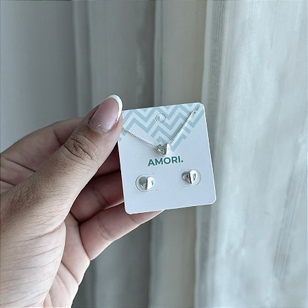 Conjunto Coração Boleado Pequeno - Prata 925