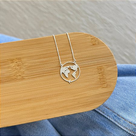 Colar Mapa Mundi Grande - Prata 925